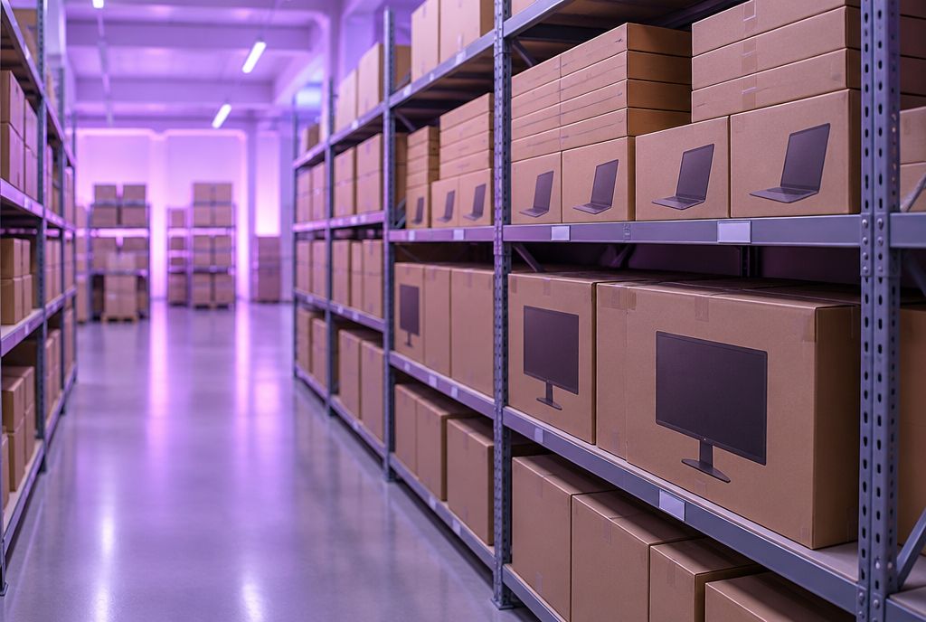 Pasillo de almacén con cajas de portátiles y monitores