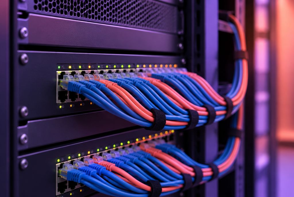 Conmutador de red con cables de conexión en un armario